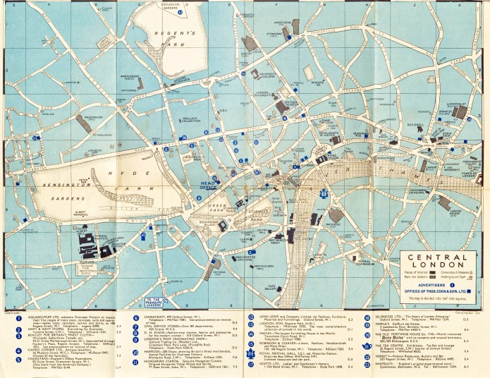 Small map of central London produced by Geographia Ltd and supplied free of charge to customers of travel agent Thomas Cook. 1954