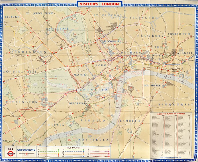 Though attractive in design, this 1964 bus map of London has simplified it to only show major streets, bus routes and places of interest