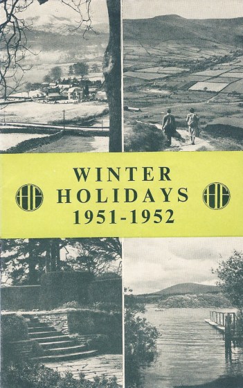 HF winter holidays brochure for 1951/52. Cover shows Windermere in winter, Kinder Scout above Edale, the gardens at the Glasbury Centre, and Derwentwater