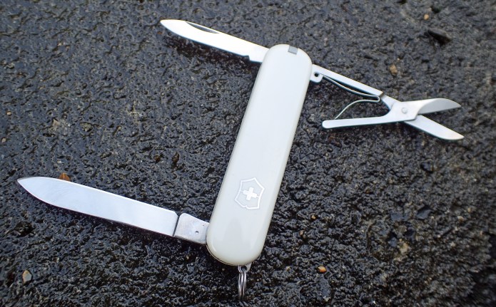 Victorinox's 74mm Ambassador with the 'holy trinity' of tools shown- scissors, blade and nailfile