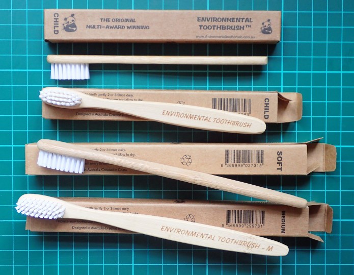 Three options of bamboo toothbrush from The Environmental Toothbrush- Child, Soft and Medium heads