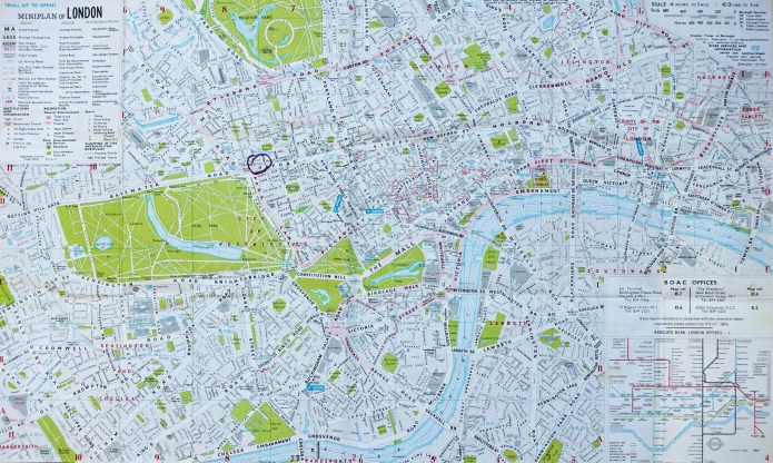 Detailed map of London given free by BOAC. Produced by Miniplans Ltd and based on O.S. mapping, 1960