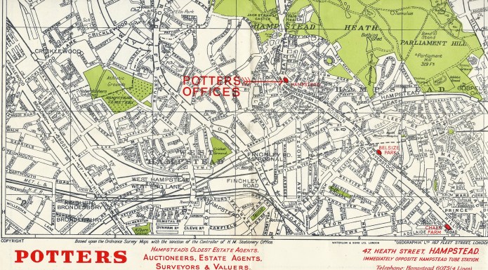 Part of a map to the Hampstead area of London. This has been produced by cartographers Geographia and is based on Ordnance Survey map and is overprinted with the location of the estate agent's office. Printed by Waterlow and Sons Ltd, probably in the 1960s