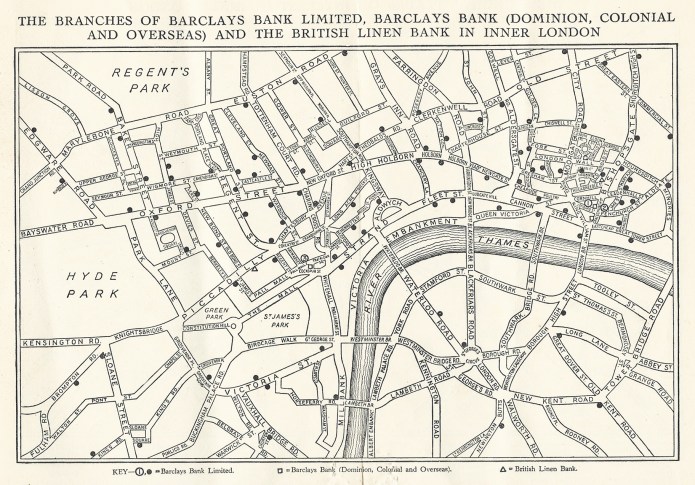 Simple map of inner London included in complimentary booklet distributed by Barclays Bank for the 1937 Coronation of King George VI. The processinal route was also included in this booklet and can be seen in part three of this series