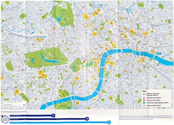 Free TfL map of London streets showing Barclays Cycle Hire docking stations. 2010