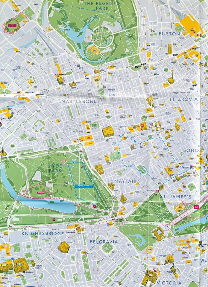 Detail from large free Summer 2012 map produced by TfL. While many places go un-named, for example those in Hyde Park, paths across green spaces are included. Based on Ordnance Survey mapping. April 2012