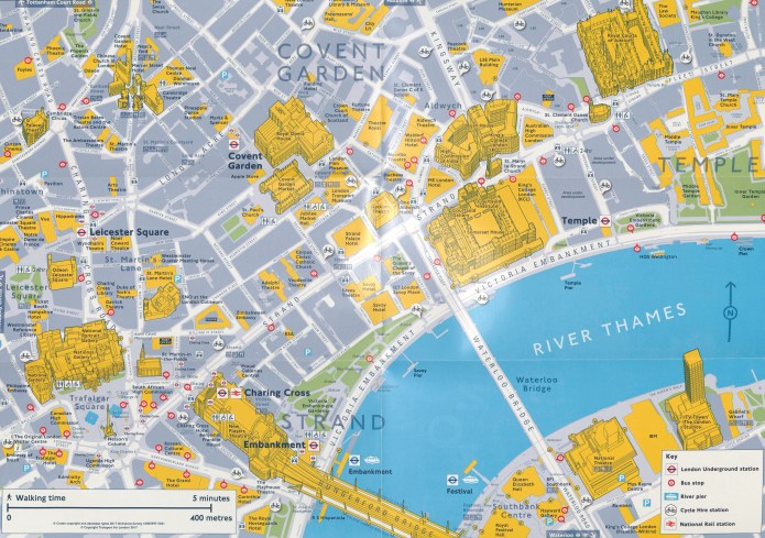 TfL's guide to the North Bank truly integrates the pedestrian into a the various alternative forms of transport. The map is based on 2017 Ordnance Survey mapping with added pictorial representation of important buildings. Copyright Transport for London 2017
