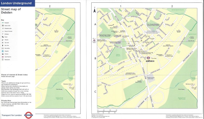 Two TfL produced maps sowing the streets close to the Debden station, on the Central Underground line. Folded on left and open on right. 2004