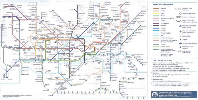 TfL London Tube map. This includes detail on some stations where there is less than ten minutes walk between them. May 2019
