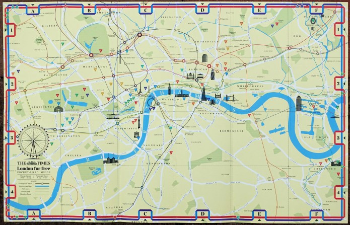 'London for free' pocket sized guide produced by The Times newspaper in 2012. The reverse includes a tube map, river view, guide to free museums, galleries, cultural events, parks, walks and where major markets and shopping was located. The Olympic venues are also shown. Important or distinctive buildings are indicated on the simple map but only major roads are included