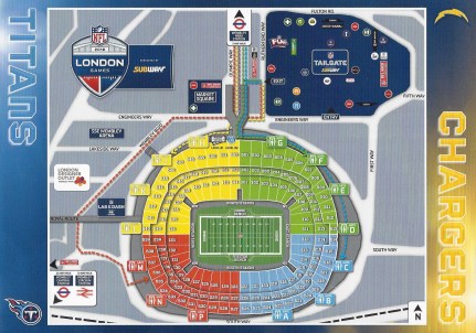 Simple diagram map of Wembley Stadium and its approach. Intended to prevent external congestion of spectators. Produced for 2018 London NFL Games game between Los Angeles Chargers and Tennessee Titans, the Chargers won 20-19