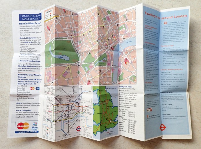 Doubly folded sheet card produced by Z-Card showing Wembley Stadium seating plan, Euro '96 fixture list, travel information, map of central London and the sponsor MasterCard's 'welcome centres'