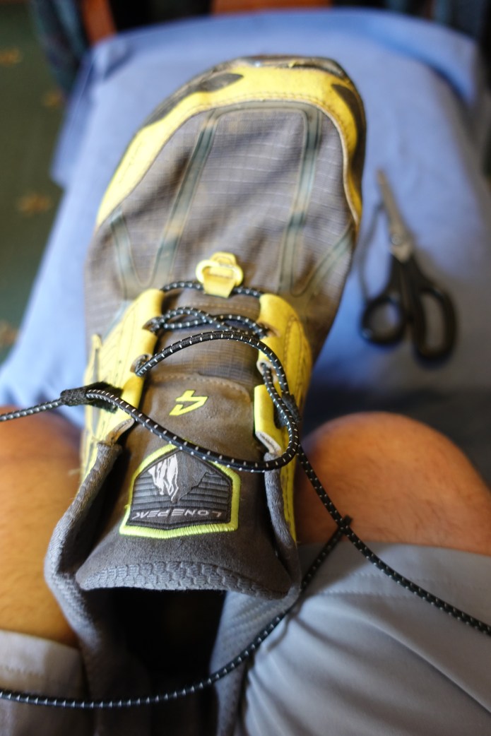 Replacement lace is threaded onto the shoe