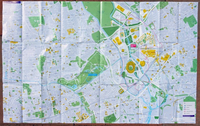 Large free map centred on Stratford and East London given free in 2012. There is a lot of detail on this map which includes the Olympic Park. 980mm x 620mm