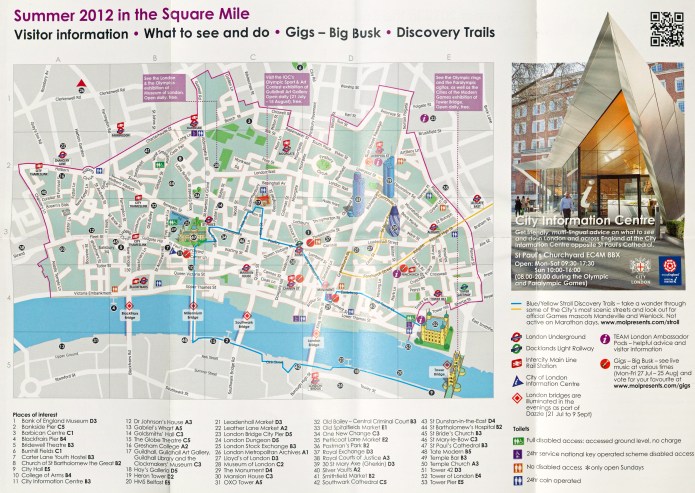 Visitor Information map on free 'Square Mile' leaflet produced in 2012. This includes two short 'Discovery Trails for those walking around London