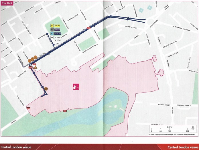 Street map of The Mall central London sporting venue, pages 61/62 from the 98 page Athletes' transport guide, published by the London Organising Committee of the Olympic Games and Paralympic Games Limited, July 2012