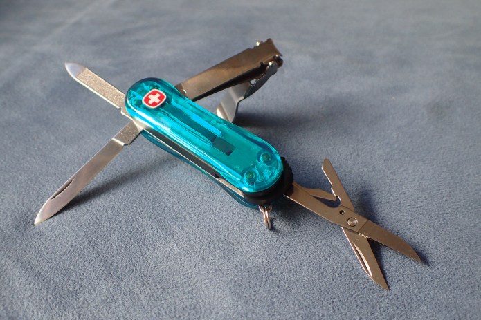 Main tools opened on Wenger Swiss Clipper- pen blade, nail file, scissors and nail clippers