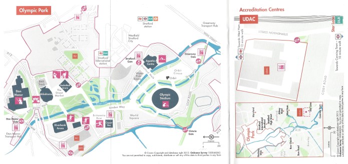 Small fold out maps from the pocket guide given to the many thousands of accredited individuals attending the 2012 Olympics and Paralympics. Adapted from Ordnance Survey mapping and produced by the London Organising Committee of the Olympic Games and Paralympic Games Limited