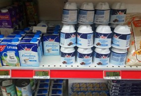 Condensed milk, in various containers, is usually found on supermarket shelves beside packs of gofio. Gran Canaria