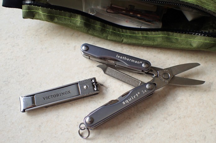 What Three Points of the Compass packs along on longer hikes to tend to nails- As well as a pair of dedicated Victorinox clippers, the little Leatherman S4 has scissors and nail file