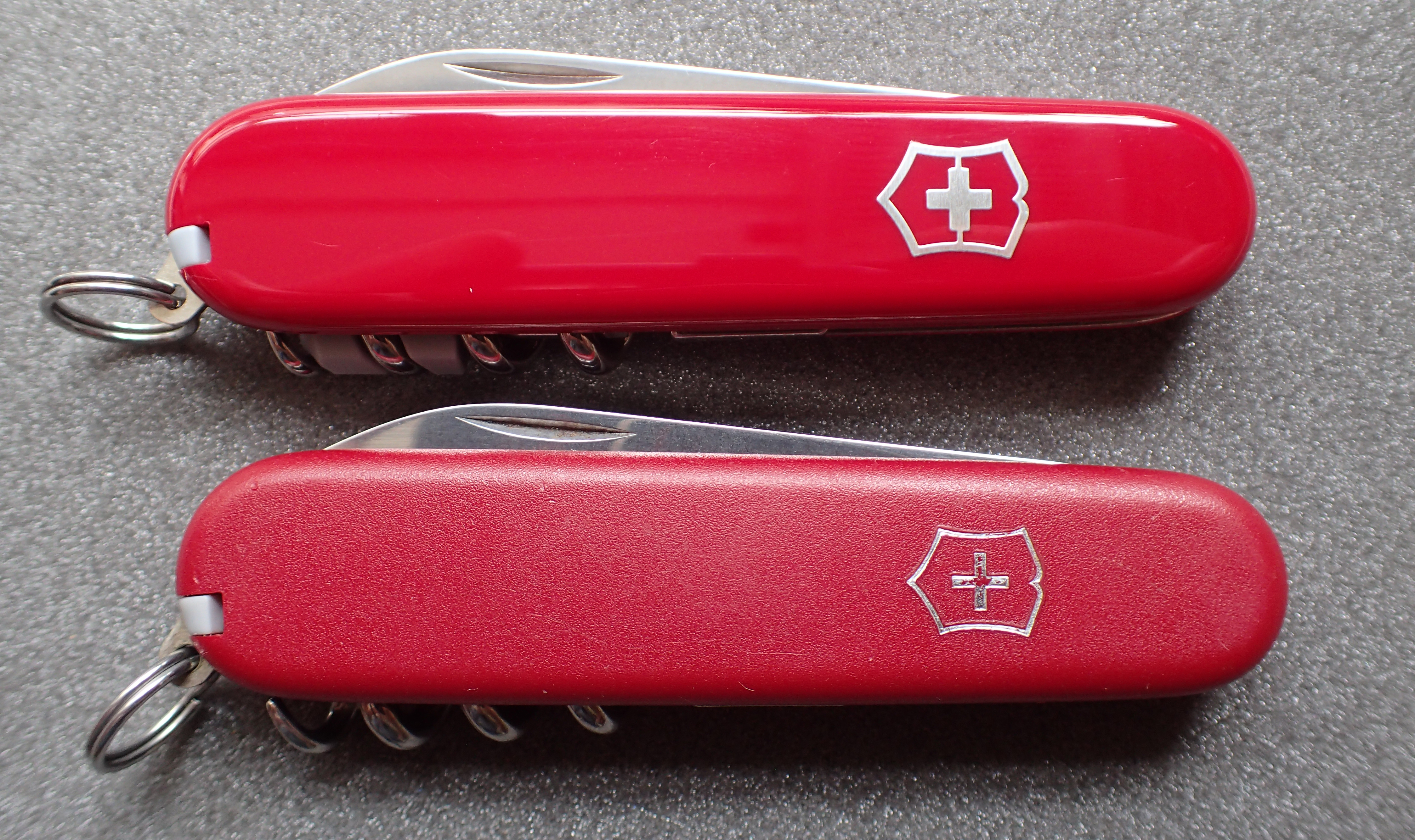 Standard shiny cellidor scales compared with the matt nylon Ecoline scales (below)