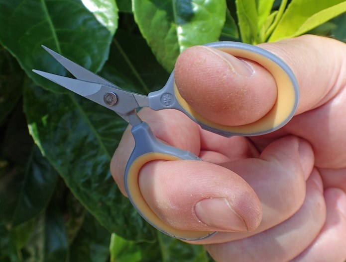 Tiny pair of soft-grip, stainless steel Westcott scissors with titanium-nitride coated blades. These are just 76mm long and weigh just 7g. Model: E:30420 00