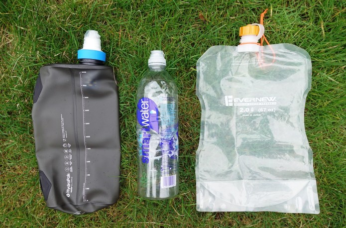 A simple hydration kit- two litre 'dirty water' bag with attached filter. Water bottle with flip cap for on the go and a two litre bladder for use in camp or to camel up on drier stretches