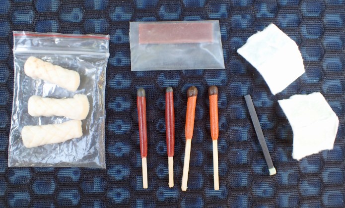 The simple and minimal contents of my fire kit include tinder and matches