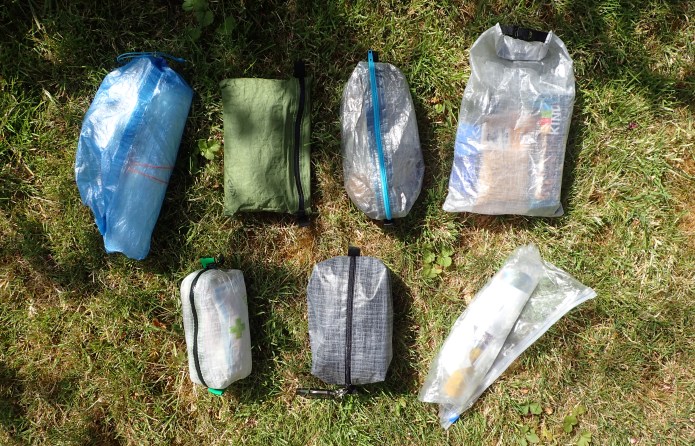 Bags and pouches of small stuff carried on longer hikes