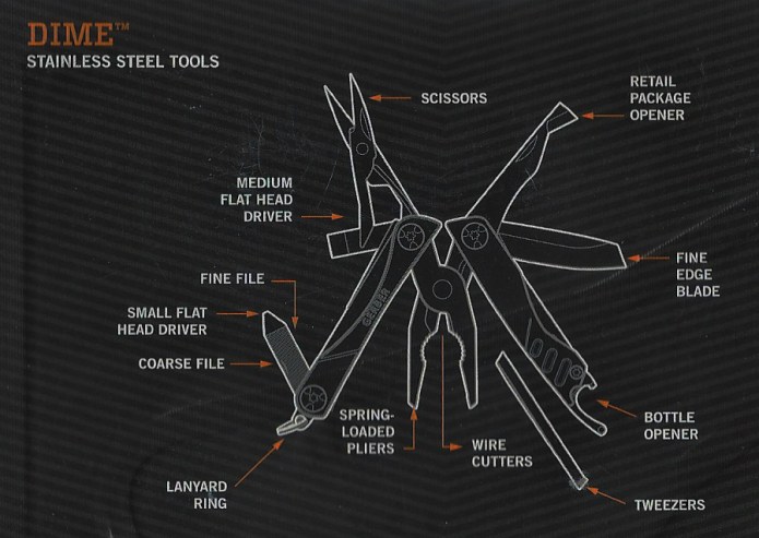The Dime packaging explains the function of each tool included