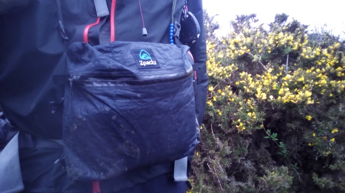 Zipped Z Packs chest pouch in use on a wet day on the 630 mile South West Coast Path