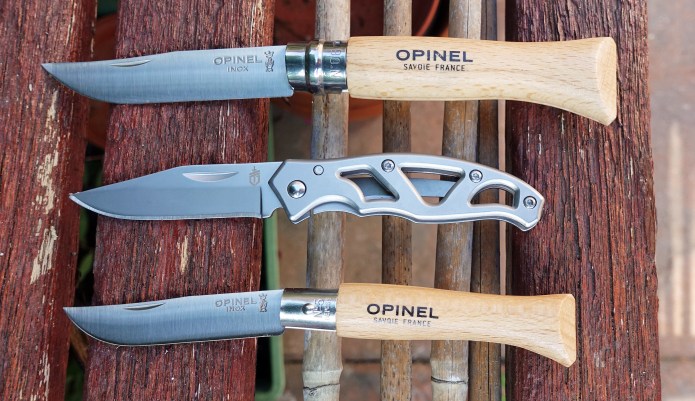 40g locking Gerber Paraframe Mini with non-locking 15g Opinel No.5 and 28g locking Opinel No.6