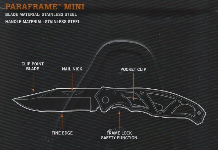 Packaging for Gerber Paraframe Mini details the minimal functions found on the tool