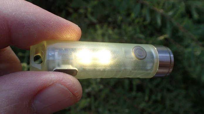 Two white light LEDs in side, shown on low setting