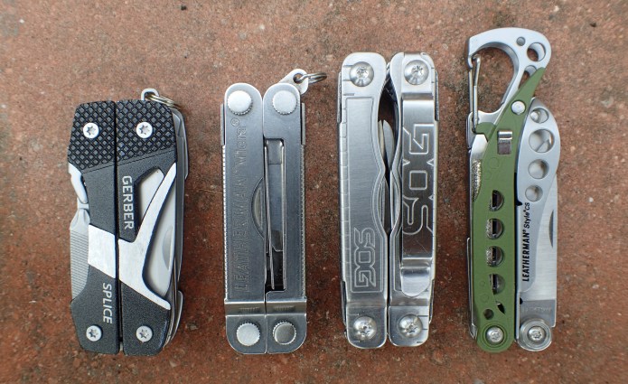 Size of four small 'keychain' multi-tools based around scissor jaws compared. From left- Gerber Splice, Leatherman Micra, SOG Snippet, Leatherman Style CS