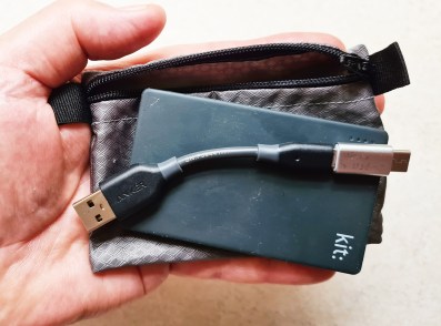 On a day hike, Three Points of the Compass will simply slide this little power bank into the backpack. 2000mAh capacity battery, shortie Anker cable and a micro USB to USB-C adapter 