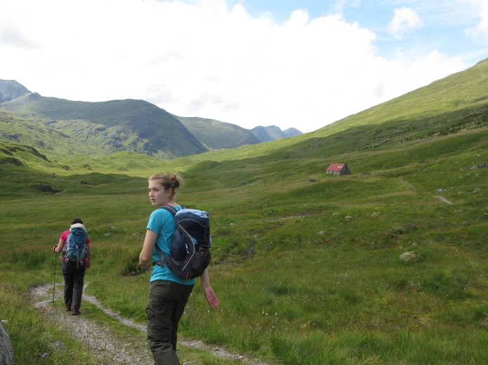 Another lunchtime halt ahead. Approaching Camban bothy with Mrs and Miss Three Points of the Compass on a two day hike in the North West Highlands