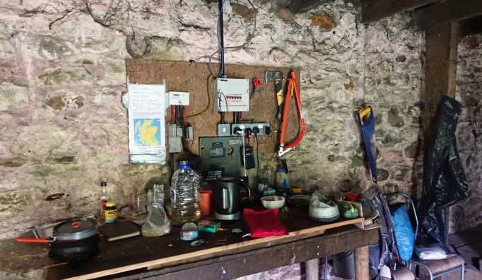 Coire Thollaidh bothy provided something seldom encountered on trail- an electric point to charge up a phone and power bank