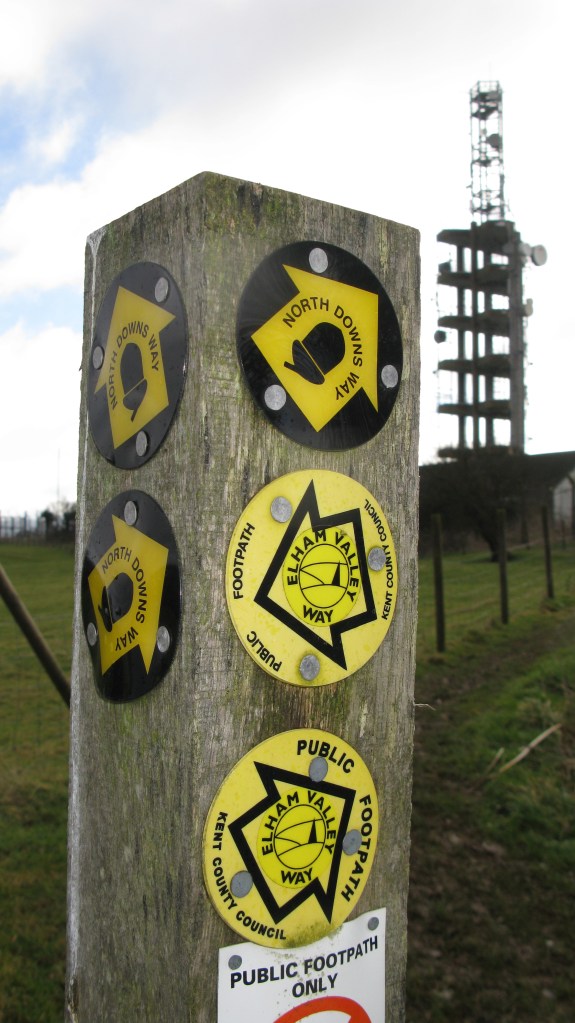 Crossing the Elham Valley Way. Tolsford Hill Radio Station