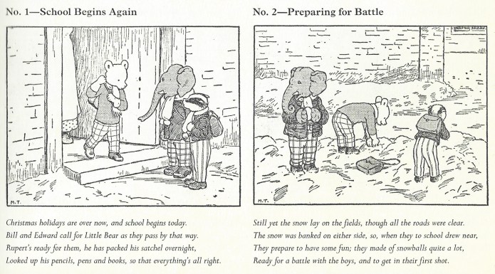 The first two panels of a Rupert story that appeared in the Daily Express in 1933. Created and drawn by Mary Tourtel, this has gone on to become the longest continuing runing comic series of any British newspaper