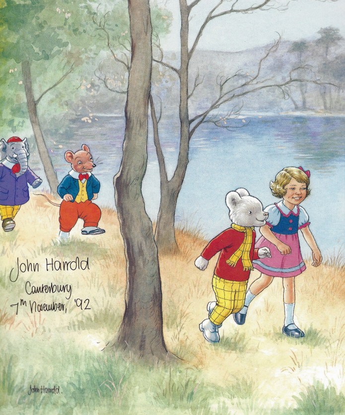 Most of Ruperts adventures took place outdoors while he walked, ran, sailed and flew around the countryside surrounding his hometown of Nutwood. Here he walking the riverbank with his friends Edward Trunk, Willie and Rosie. Signed by the illustrator on Ruperts 72nd birthday. End paper from 1992 (72nd anniversary) album
