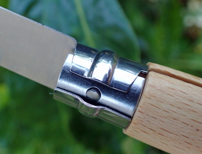 Virobloc rotated and locking blade open. This is the smallest of the Opinel knives fitted with this feature