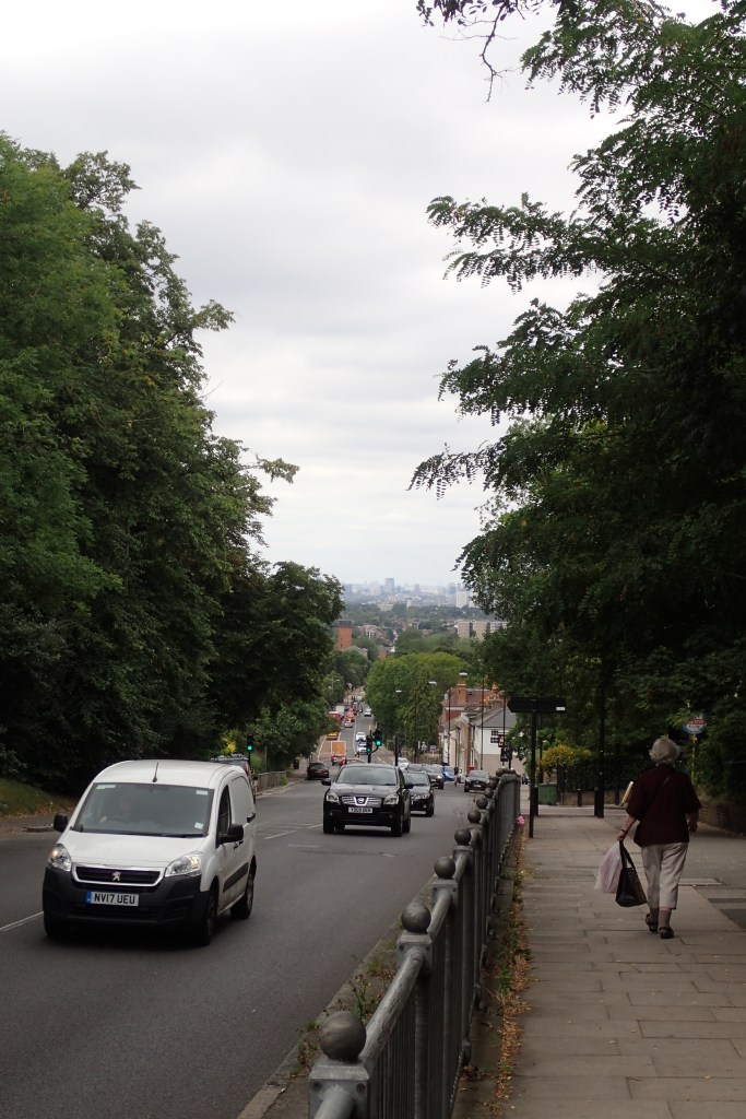 Climbing Shooters Hill , a glance backward reveals my departure point at the base of the distant Shard