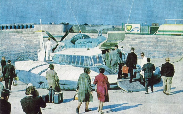 Hoverlloyd operated Westland SR.B6 Hovercrafts on their Ramsgate- Calias Cross-Channel service. These could carry 36 passengers and cruise at 55 knots. Shown at the Calais hoverport