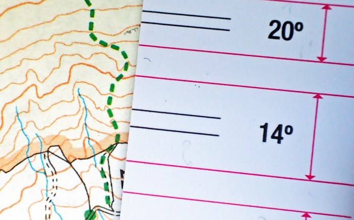 The slope cards from Shaven Raspberry are uncluttered and simple to use. The wavering path here is mving across a 14 degree slope