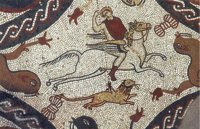 Bellerophon riding the winged Pegasus, spearing the Chimera- a monster with lion's head, goat's body and the tail of a serpent