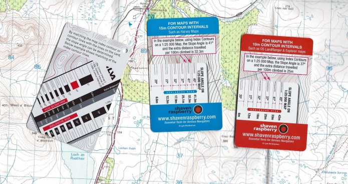 Unlike with transparent slope cards, solif cards usually include an aide memoir on how to use them on their reverse. Shown here are the two scale cards from Shaven Raspberry with the one provided by Silva with many of their compasses