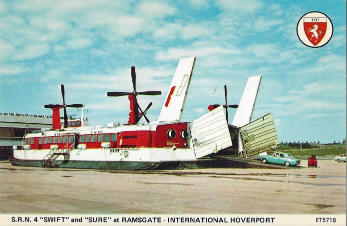 Postcard showing loading of S.R.N hovercraft at Pegwell Bay in the 1980s
