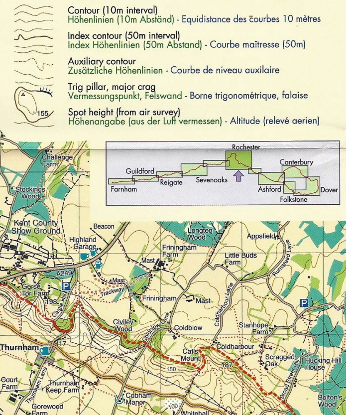Detail from Harvey North Downs Way 1:40 000 scale map. Showing part of key. Main index contours (thick line) are at 50m intervals while intermediate contours (thin lines) are every 10m