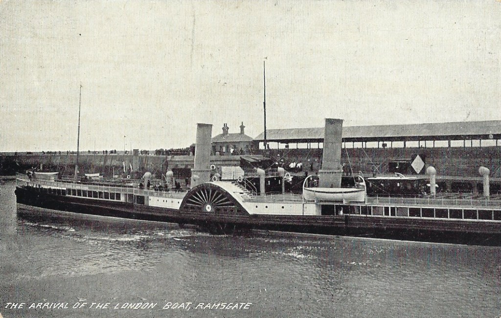 Cross Channel Paddle Steamer  service at Ramsgate harbour shown on a 1912 postcard. There is talk of resurrecting a more modern boat service from here to the continent